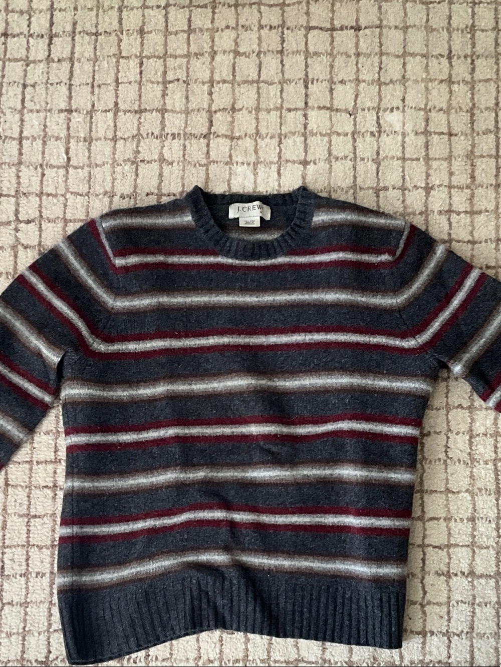 J. Crew Charcoal Crewneck Sweater with Burgundy and Light Gray Stripes